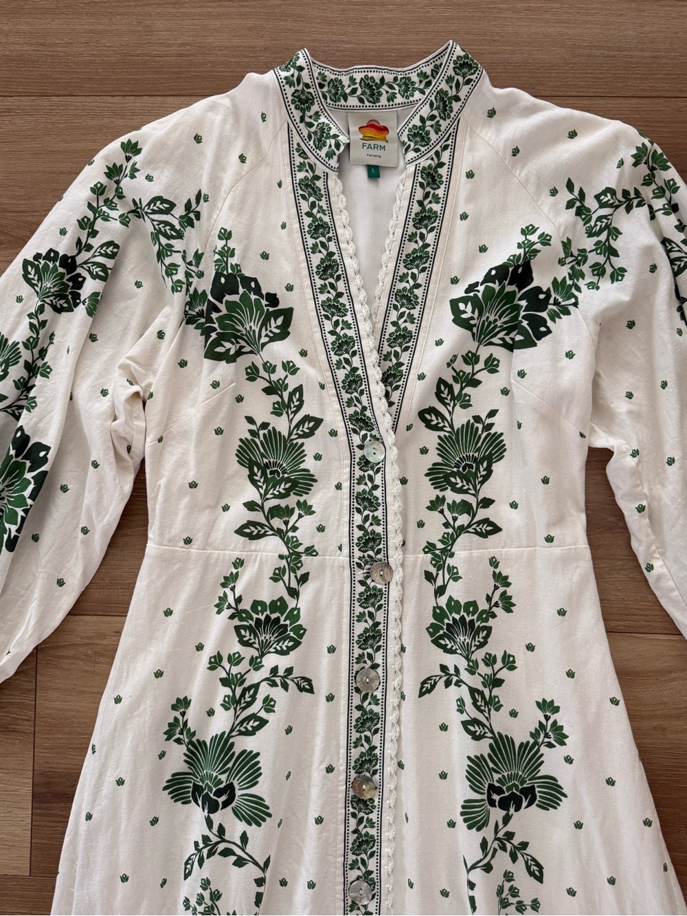 FARM RIO BRAND FOREST SOUL LINEN MAXI DRESS White & Green Floral LARGE SIZE - Picture 4 of 9